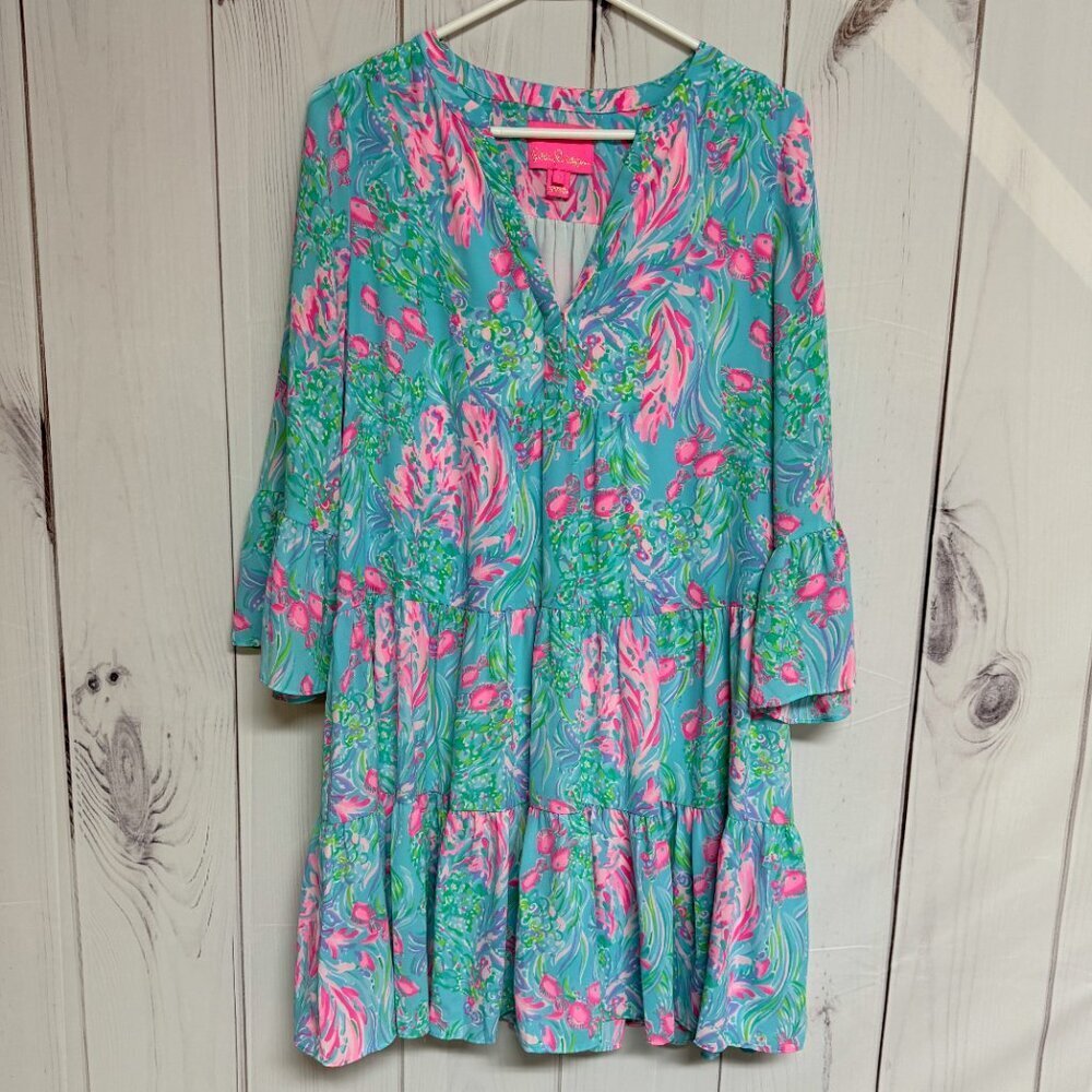 Lilly Pulitzer Gabriel Dress 4 Amalfi Blue Best Fishes Tiered EUC